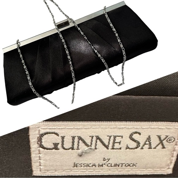 Gunne Sax Satin Clutch Purse Black Silver Chain Shoulder Crossbody 10” x 4.5” - Picture 1 of 13